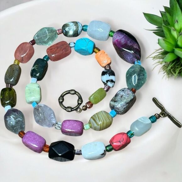 OOAK Multi Colored Genuine Semi Precious  Polished Gemstone Necklace Stones - Picture 2 of 9